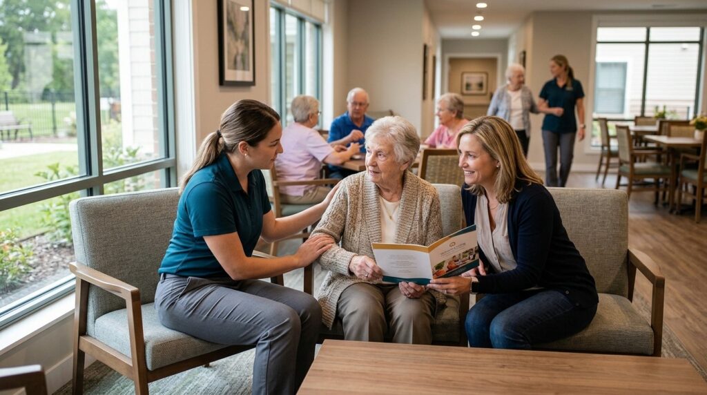 A senior living management team member speaking warmly with a resident and family member in a bright, welcoming common area.