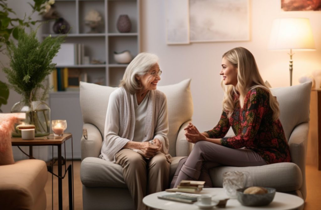 a woman speaks to her mother in a memory care community