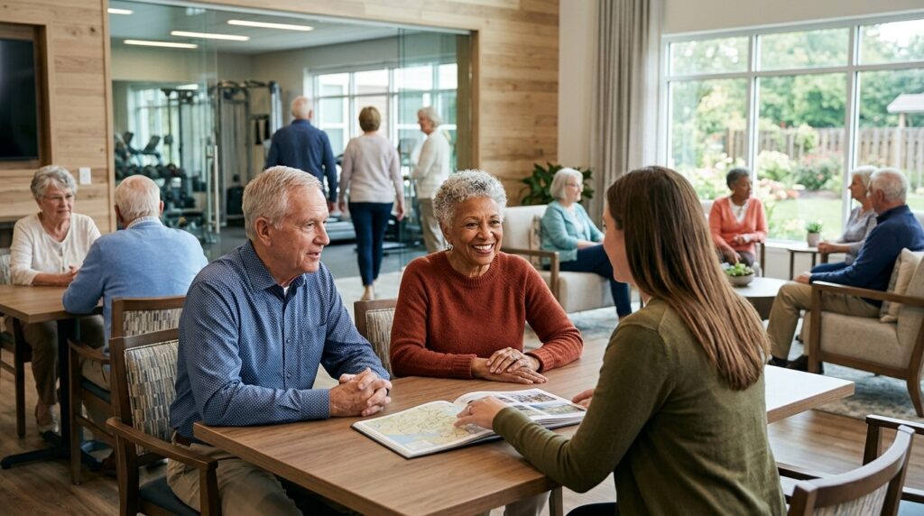 Two senior living community owners speaking with a senior living management partner.&nbsp;