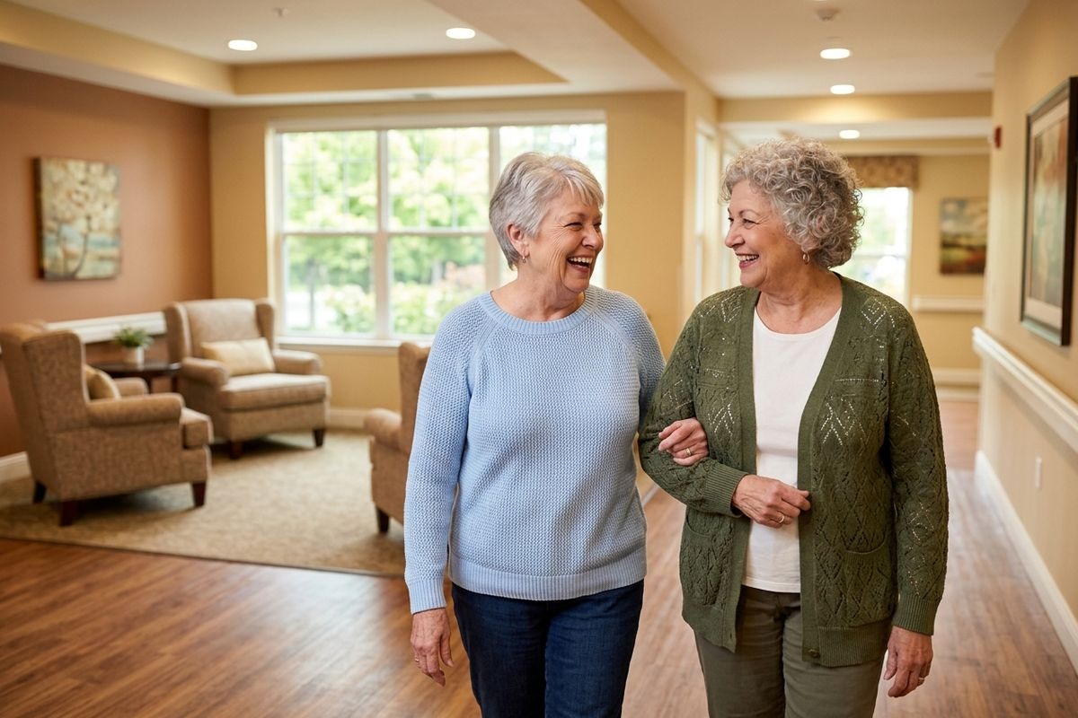 Two older adults walking arm in arm through a carpeted hallway, smiling and laughing, with a furnished lounge area visible behind them.