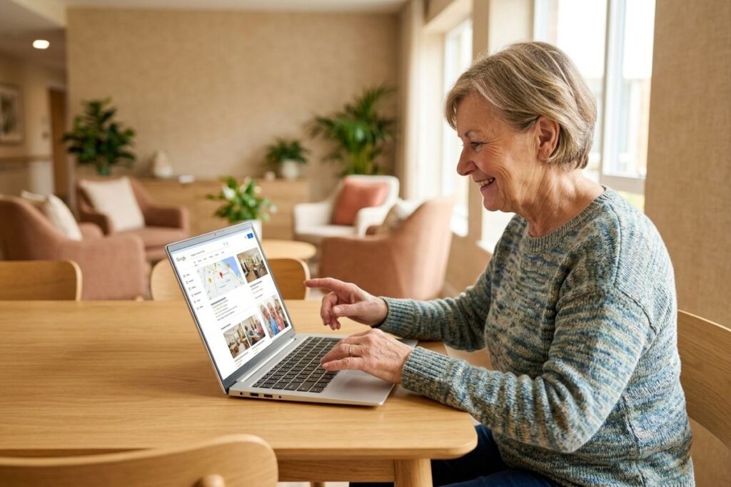 Older adult smiling while pointing at a laptop screen showing a Google search results page, seated at a wooden table in a lounge area.