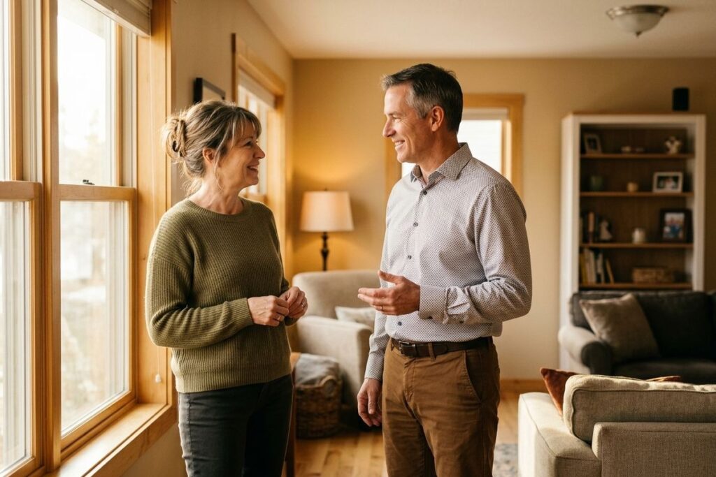 Two adults standing and talking, smiling at each other, in a sunlit living room with sofas and bookshelves.