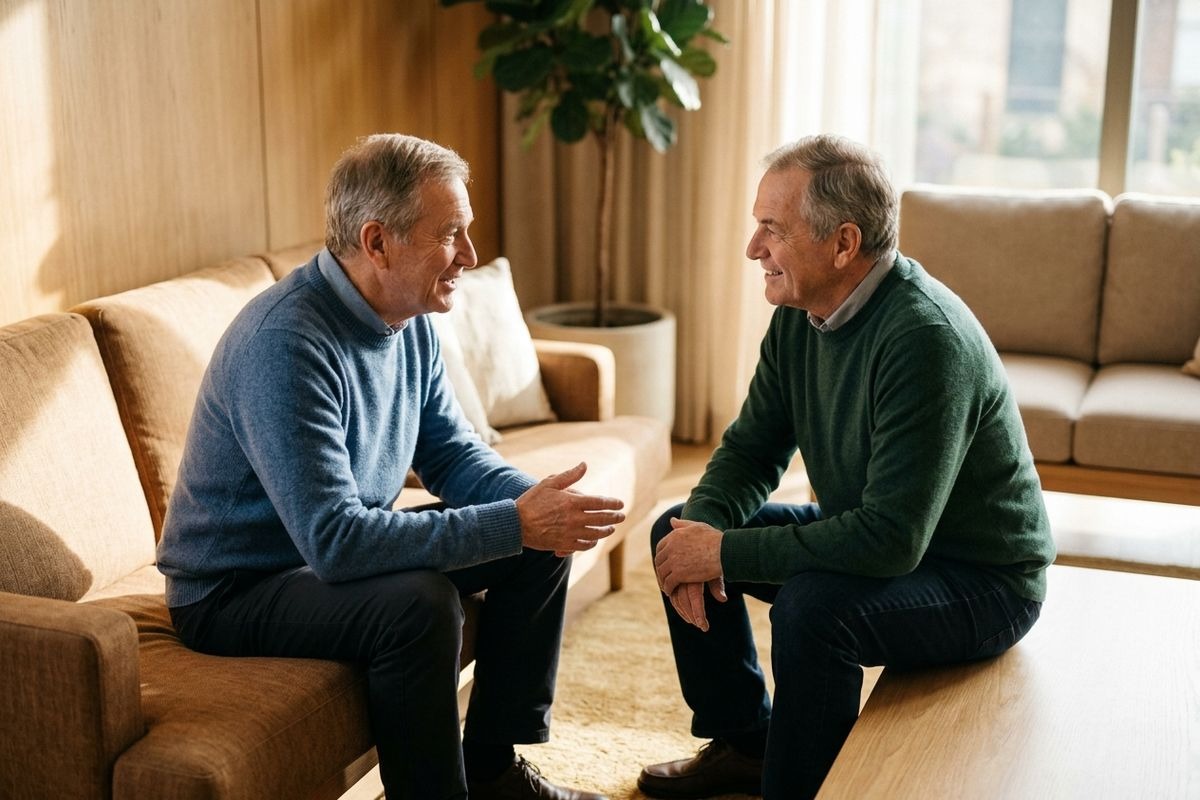 Two older adults sit facing each other in a living room, smiling and talking.