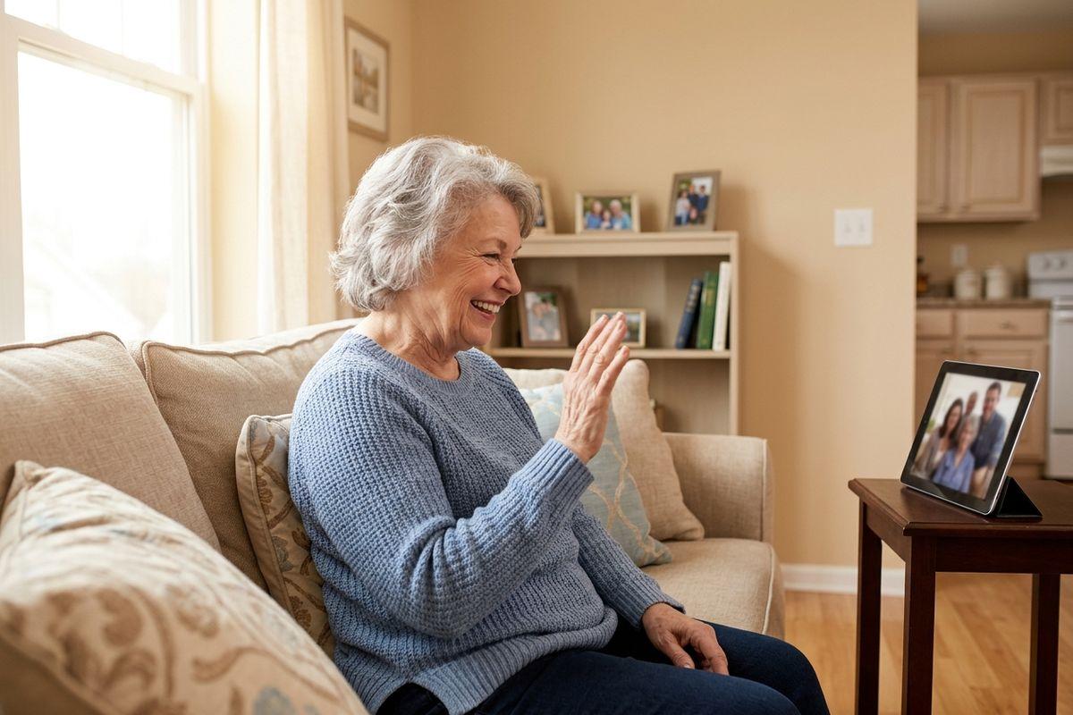 A senior smiles and waves on a couch during a video call with people shown on a tablet on a side table.