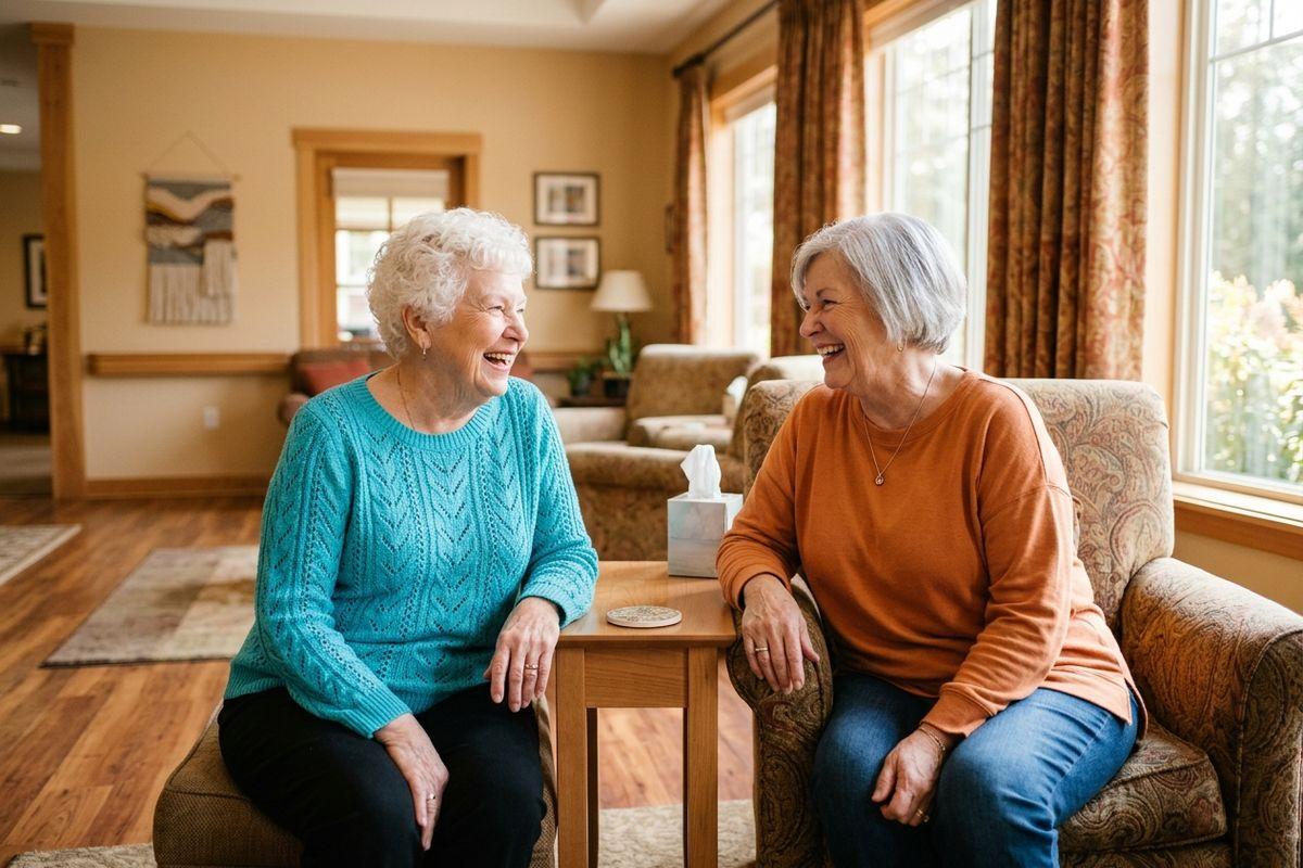 Two seniors sit in armchairs in a living room, laughing together beside a small table with tissues.