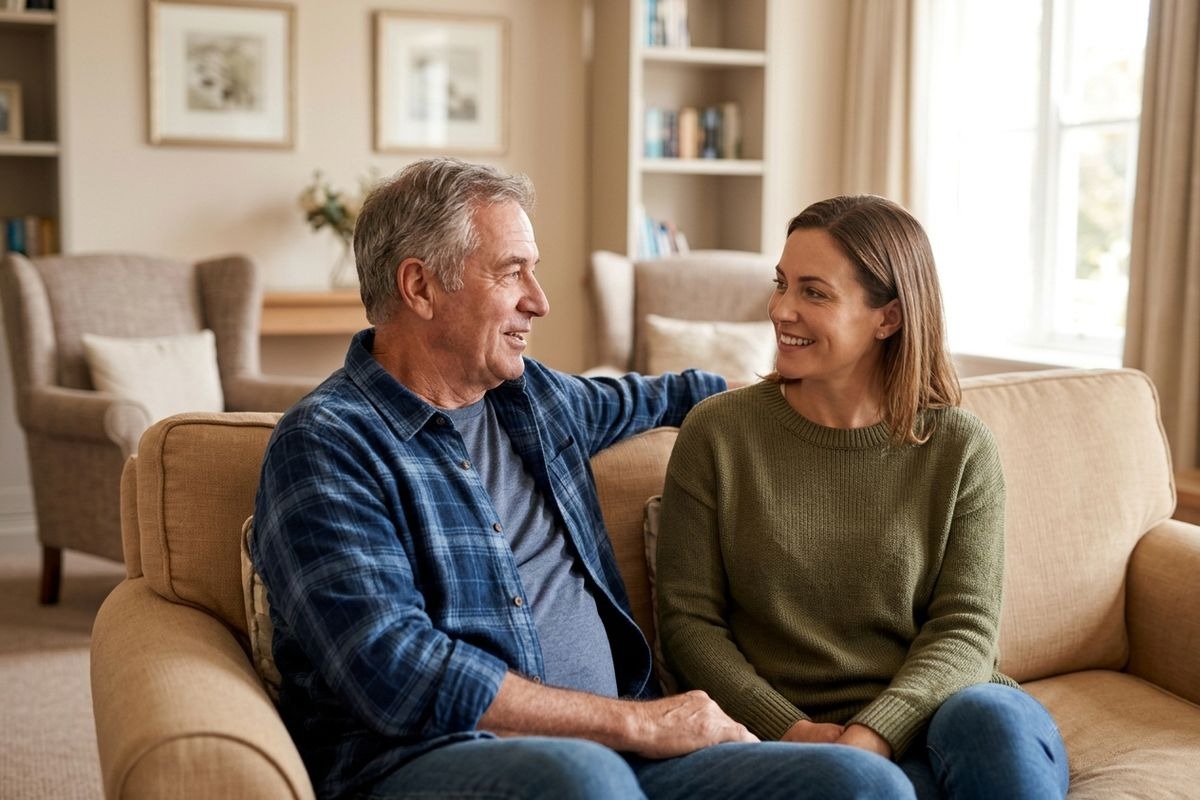 An older adult smiles while resting a hand on a wooden dresser in a sunlit living room with a sofa.